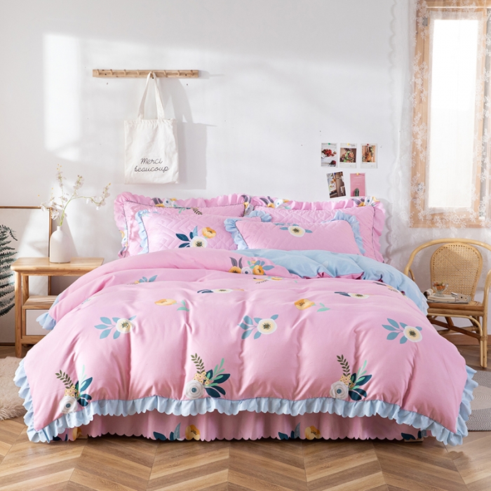 91家纺网 家纺一手货源 找家纺 纽缦 2020新款加厚磨毛夹棉床裙款四件套 美丽人生