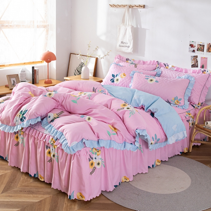 91家纺网 家纺一手货源 找家纺 纽缦 2020新款加厚磨毛夹棉床裙款四件套 美丽人生