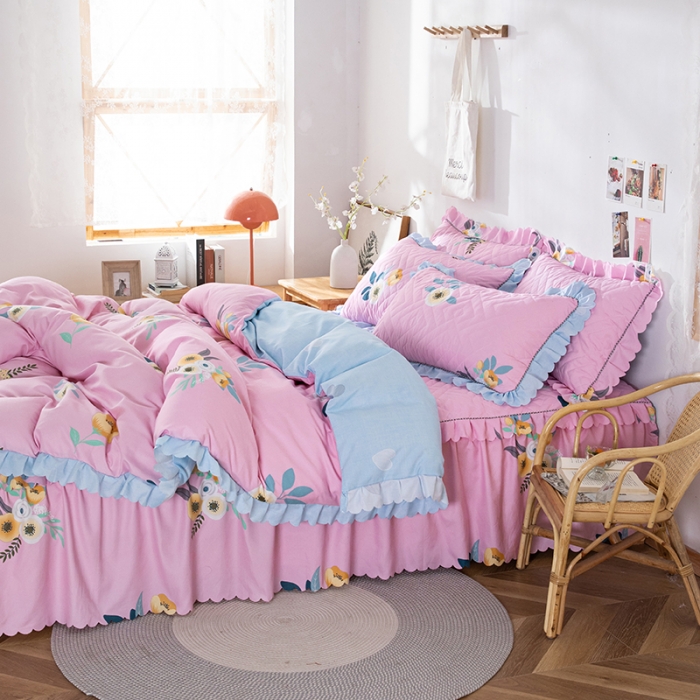 91家纺网 家纺一手货源 找家纺 纽缦 2020新款加厚磨毛夹棉床裙款四件套 美丽人生