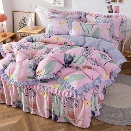 纽缦 2020新款加厚磨毛夹棉床裙款四件套 梦幻花田粉