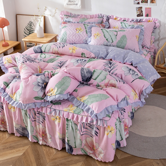 91家纺网 家纺一手货源 找家纺 纽缦 2020新款加厚磨毛夹棉床裙款四件套 梦幻花田粉