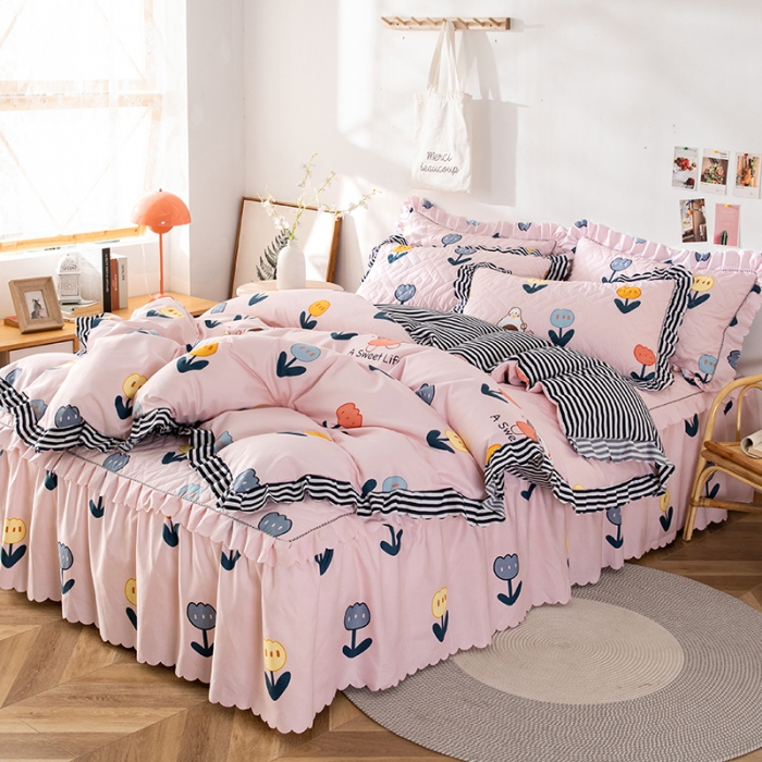 91家纺网 家纺一手货源 找家纺 纽缦 2020新款加厚磨毛夹棉床裙款四件套 梦想秀粉