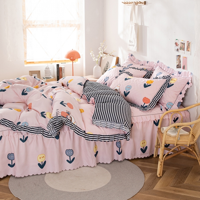 91家纺网 家纺一手货源 找家纺 纽缦 2020新款加厚磨毛夹棉床裙款四件套 梦想秀粉