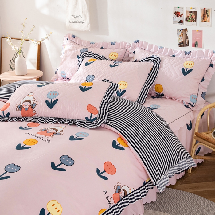 91家纺网 家纺一手货源 找家纺 纽缦 2020新款加厚磨毛夹棉床裙款四件套 梦想秀粉