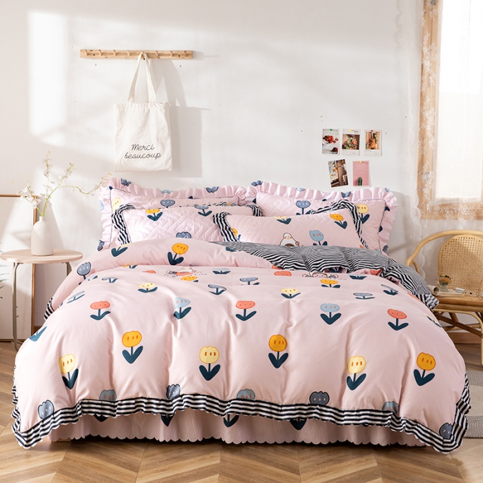 91家纺网 家纺一手货源 找家纺 纽缦 2020新款加厚磨毛夹棉床裙款四件套 梦想秀粉