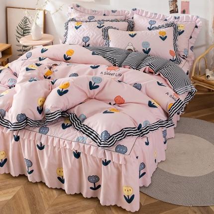 纽缦 2020新款加厚磨毛夹棉床裙款四件套 梦想秀粉