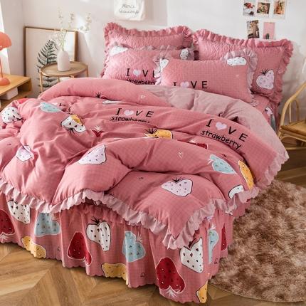 91家纺网 家纺一手货源 找家纺 纽缦 2020新款加厚磨毛夹棉床裙款四件套 迷情草莓