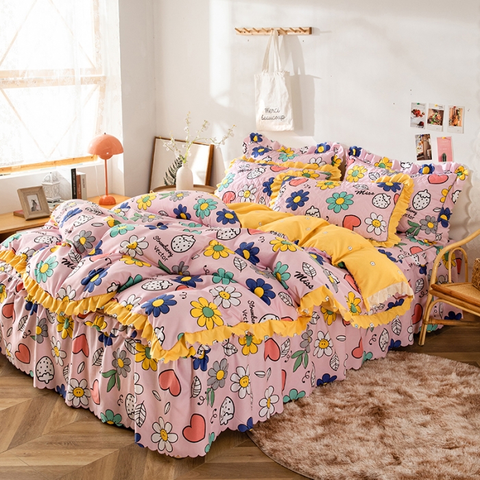 91家纺网 家纺一手货源 找家纺 纽缦 2020新款加厚磨毛夹棉床裙款四件套 轻歌时光