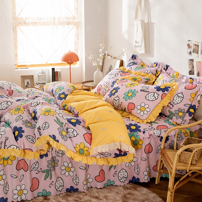 91家纺网 家纺一手货源 找家纺 纽缦 2020新款加厚磨毛夹棉床裙款四件套 轻歌时光