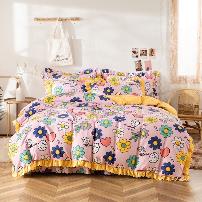 91家纺网 家纺一手货源 找家纺 纽缦 2020新款加厚磨毛夹棉床裙款四件套 轻歌时光