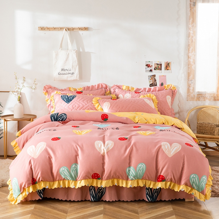 91家纺网 家纺一手货源 找家纺 纽缦 2020新款加厚磨毛夹棉床裙款四件套 甜甜爱粉