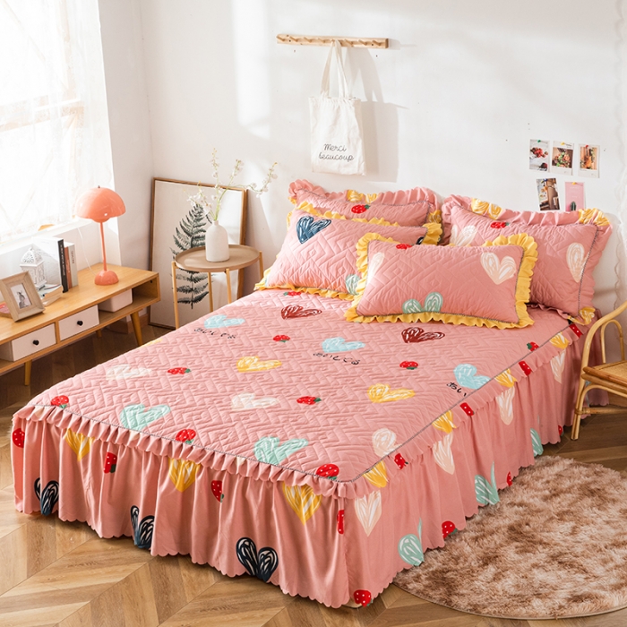 91家纺网 家纺一手货源 找家纺 纽缦 2020新款加厚磨毛夹棉床裙款四件套 甜甜爱粉