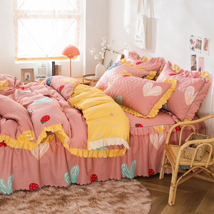 91家纺网 家纺一手货源 找家纺 纽缦 2020新款加厚磨毛夹棉床裙款四件套 甜甜爱粉