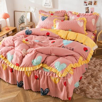 纽缦 2020新款加厚磨毛夹棉床裙款四件套 甜甜爱粉