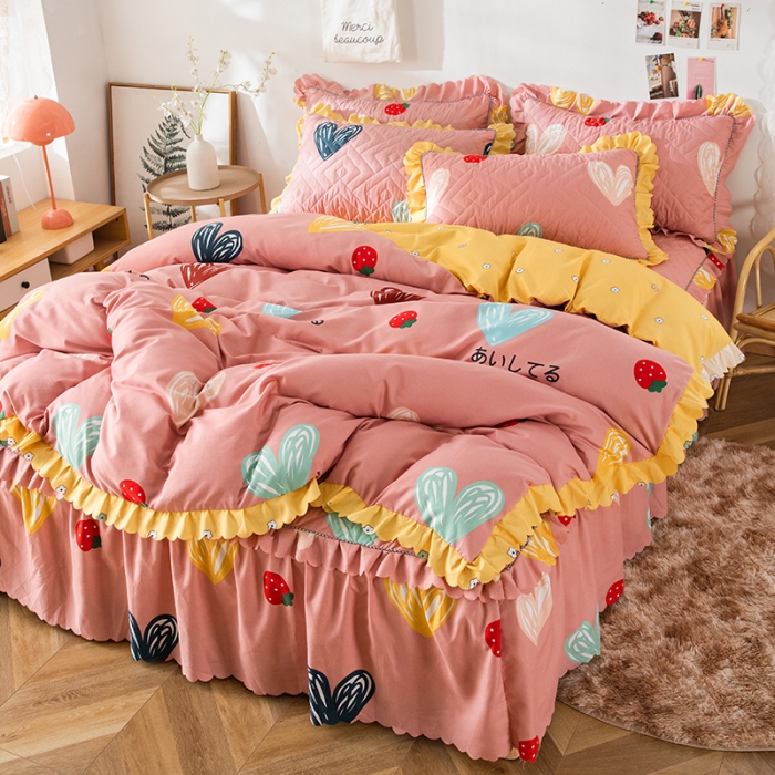 91家纺网 家纺一手货源 找家纺 纽缦 2020新款加厚磨毛夹棉床裙款四件套 甜甜爱粉