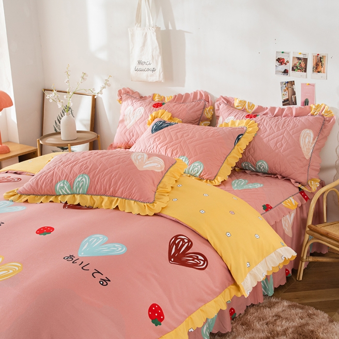 91家纺网 家纺一手货源 找家纺 纽缦 2020新款加厚磨毛夹棉床裙款四件套 甜甜爱粉