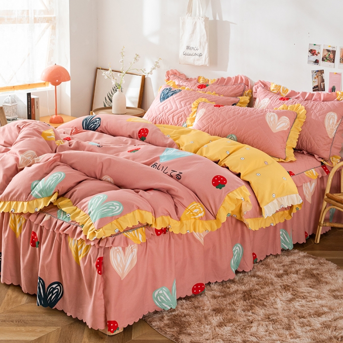 91家纺网 家纺一手货源 找家纺 纽缦 2020新款加厚磨毛夹棉床裙款四件套 甜甜爱粉