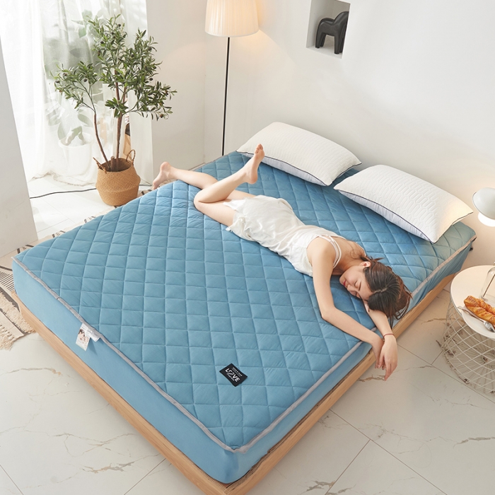 91家纺网 家纺一手货源 找家纺 宅部落 2020针织棉纯加棉床笠夹棉床垫保护罩 勿忘草蓝