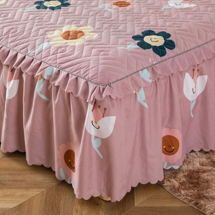 91家纺网 家纺一手货源 找家纺 纽缦 2020新款加厚磨毛单件夹棉床裙 楚楚花颜豆沙