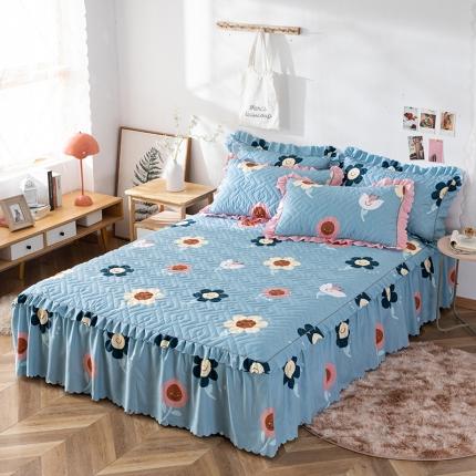 纽缦 2020新款加厚磨毛单件夹棉床裙 楚楚花颜蓝