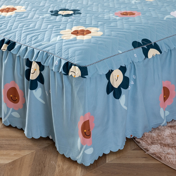 91家纺网 家纺一手货源 找家纺 纽缦 2020新款加厚磨毛单件夹棉床裙 楚楚花颜蓝