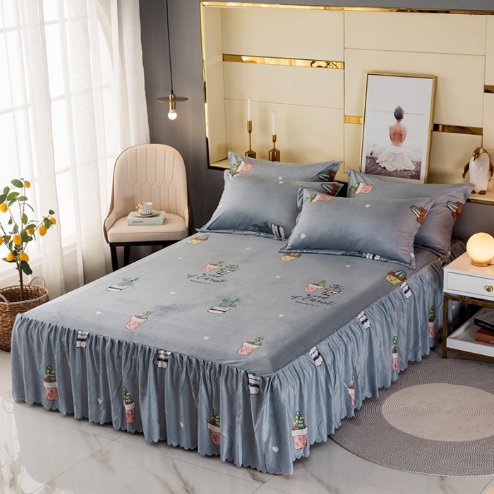 91家纺网 家纺一手货源 找家纺 纽缦 2020新款绒单层床裙 仙人掌灰