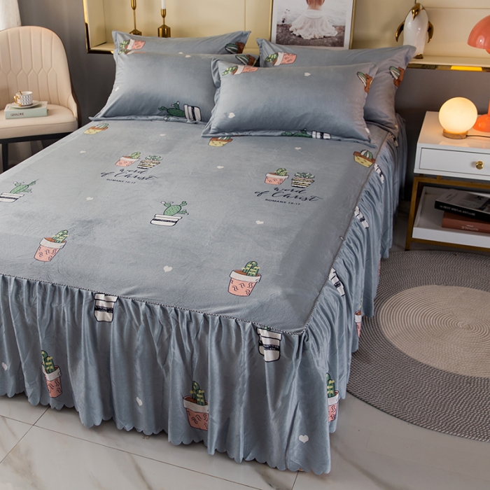 91家纺网 家纺一手货源 找家纺 纽缦 2020新款绒单层床裙 仙人掌灰