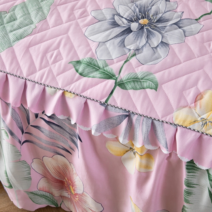 91家纺网 家纺一手货源 找家纺 纽缦 2020新款加厚磨毛单件夹棉床裙 梦幻花田粉