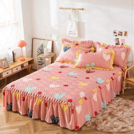 纽缦 2020新款加厚磨毛单件夹棉床裙 甜甜爱粉