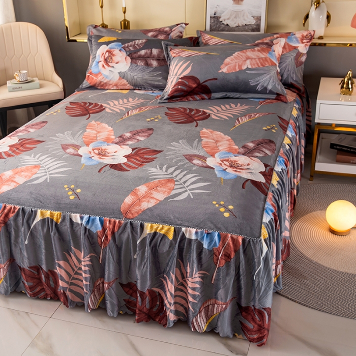 91家纺网 家纺一手货源 找家纺 纽缦 2020新款绒单层床裙 花语灰