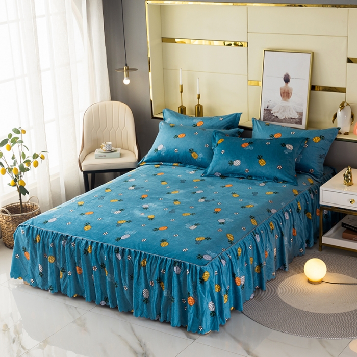 91家纺网 家纺一手货源 找家纺 纽缦 2020新款绒单层床裙 菠萝蜜蓝