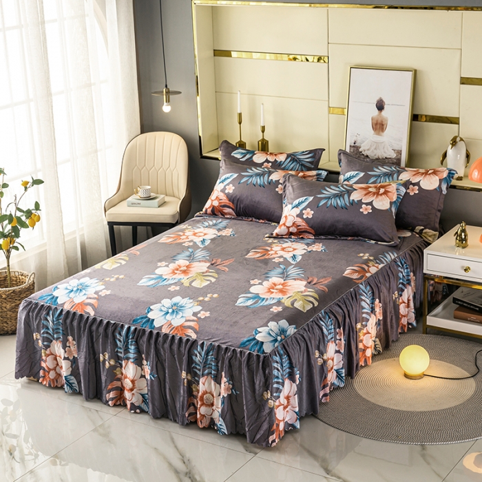 91家纺网 家纺一手货源 找家纺 纽缦 2020新款绒单层床裙 花颜灰