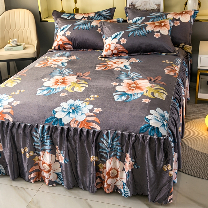 91家纺网 家纺一手货源 找家纺 纽缦 2020新款绒单层床裙 花颜灰