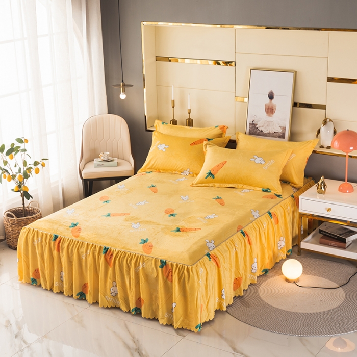 91家纺网 家纺一手货源 找家纺 纽缦 2020新款绒单层床裙 萝卜兔子黄