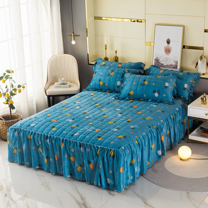 91家纺网 家纺一手货源 找家纺 纽缦 2020新款绒夹棉床裙 菠萝蜜蓝