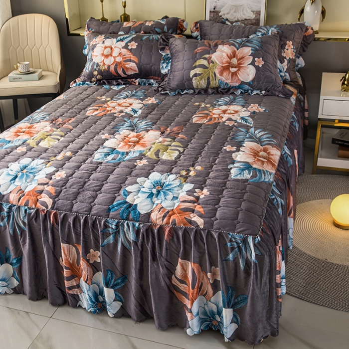 91家纺网 家纺一手货源 找家纺 纽缦 2020新款绒夹棉床裙 花颜灰