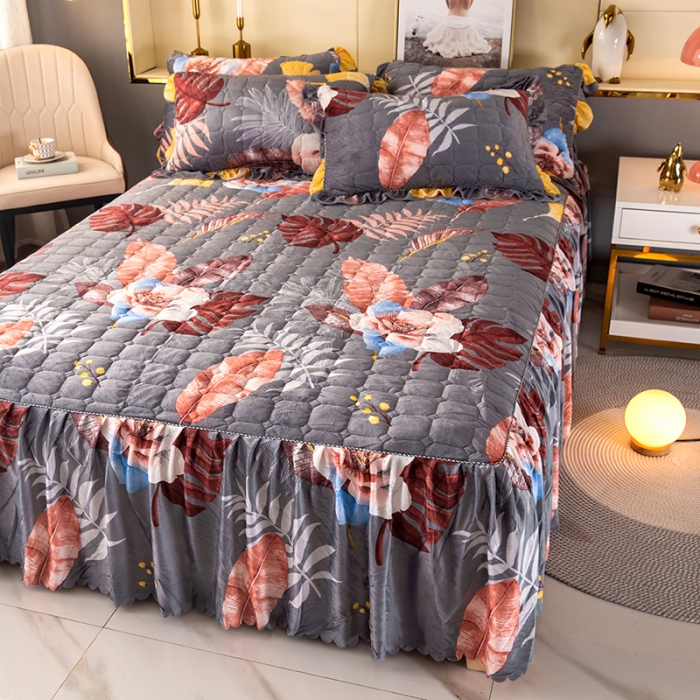 91家纺网 家纺一手货源 找家纺 纽缦 2020新款绒夹棉床裙 花语灰