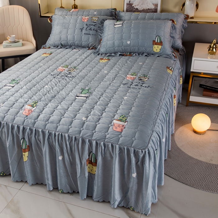 91家纺网 家纺一手货源 找家纺 纽缦 2020新款绒夹棉床裙 仙人掌灰