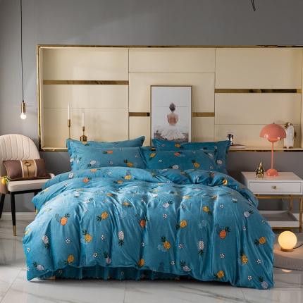 91家纺网 家纺一手货源 找家纺 纽缦 2020新款绒单层床裙四件套 菠萝蜜蓝