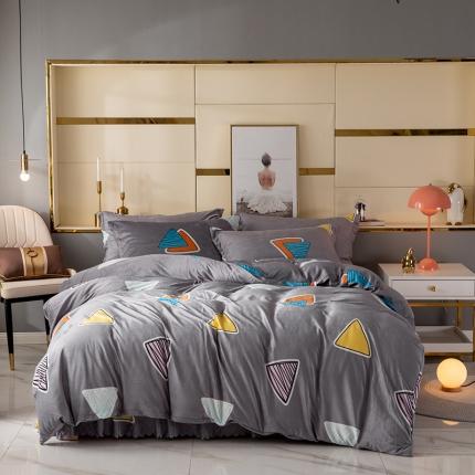 91家纺网 家纺一手货源 找家纺 纽缦 2020新款绒单层床裙四件套 几何图案灰