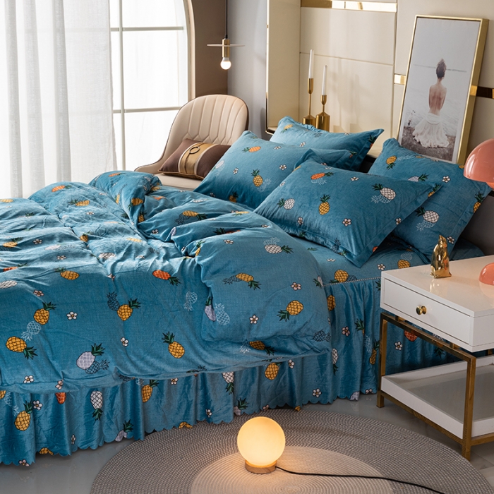 91家纺网 家纺一手货源 找家纺 纽缦 2020新款绒单层床裙四件套 菠萝蜜蓝