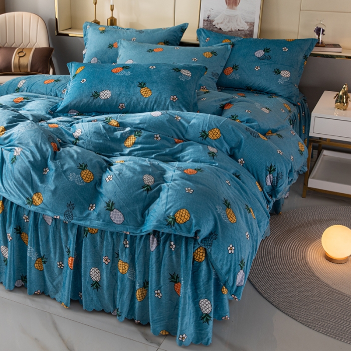 91家纺网 家纺一手货源 找家纺 纽缦 2020新款绒单层床裙四件套 菠萝蜜蓝