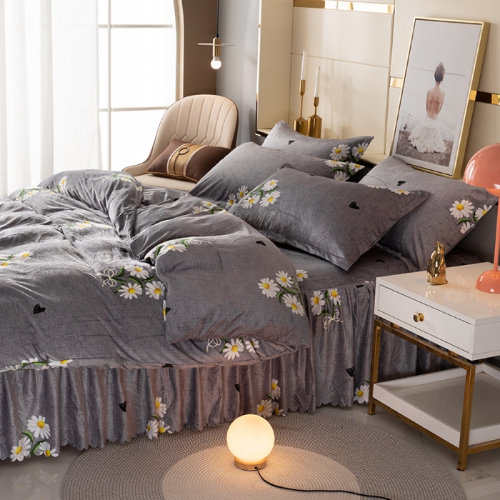 91家纺网 家纺一手货源 找家纺 纽缦 2020新款绒单层床裙四件套 雏菊满园灰