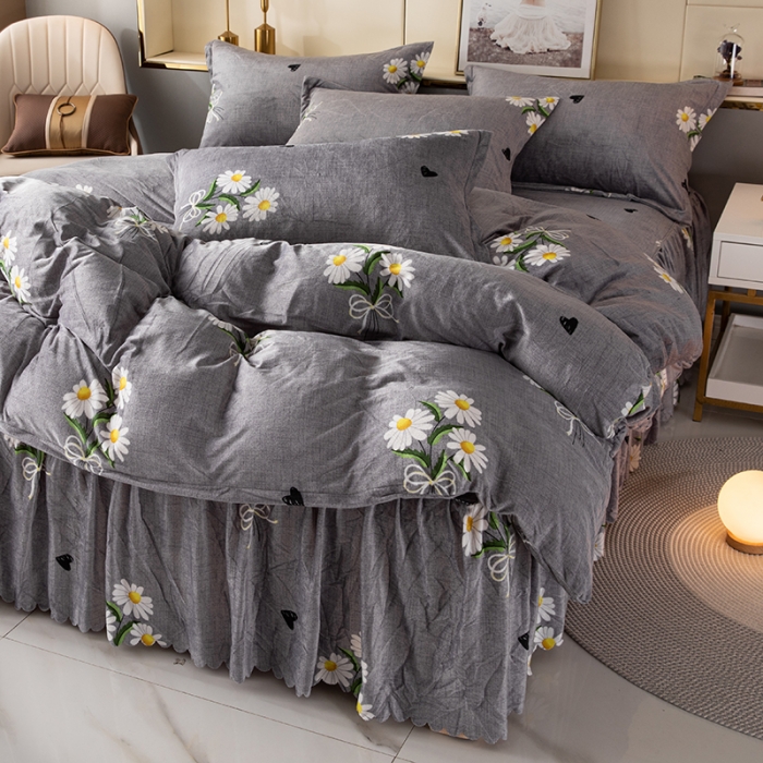 91家纺网 家纺一手货源 找家纺 纽缦 2020新款绒单层床裙四件套 雏菊满园灰