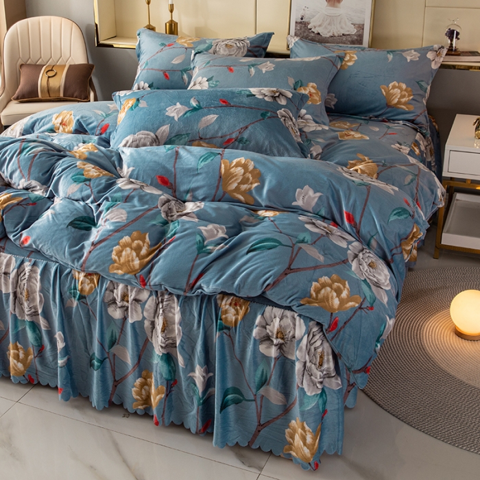 91家纺网 家纺一手货源 找家纺 纽缦 2020新款绒单层床裙四件套 繁花洛洛