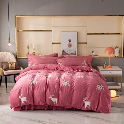 纽缦 2020新款绒单层床裙四件套 花儿与鹿豆沙