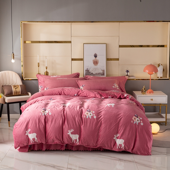 91家纺网 家纺一手货源 找家纺 纽缦 2020新款绒单层床裙四件套 花儿与鹿豆沙