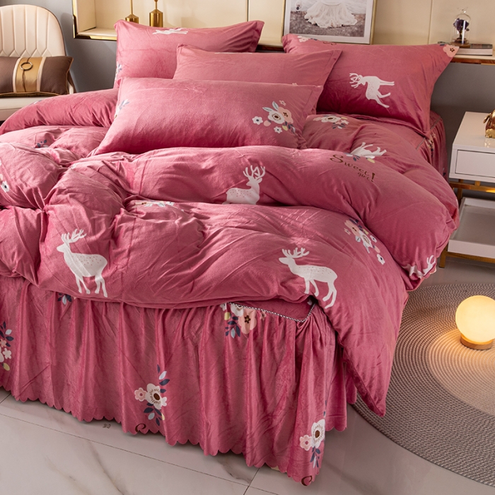 91家纺网 家纺一手货源 找家纺 纽缦 2020新款绒单层床裙四件套 花儿与鹿豆沙