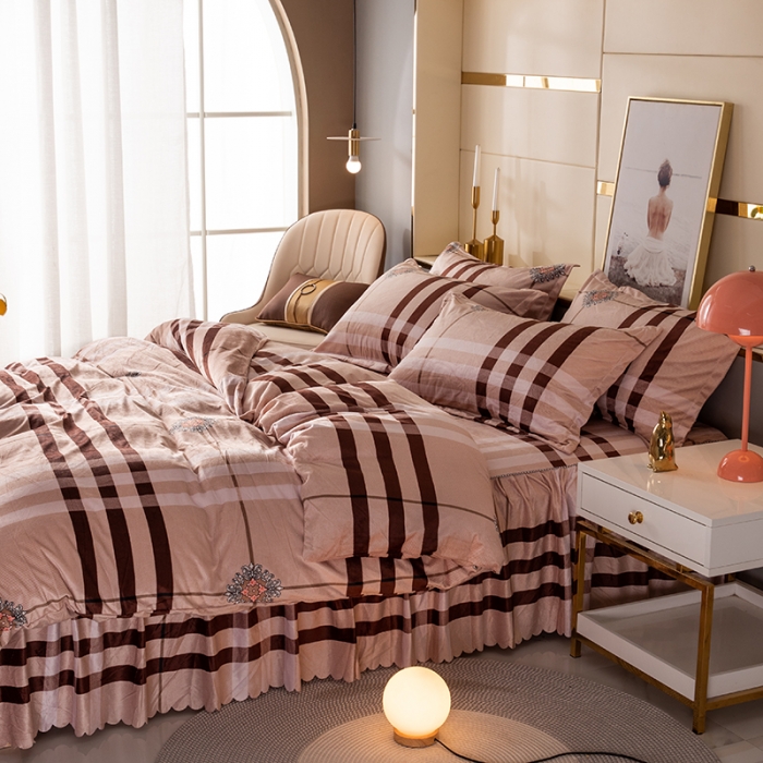 91家纺网 家纺一手货源 找家纺 纽缦 2020新款绒单层床裙四件套 花格子