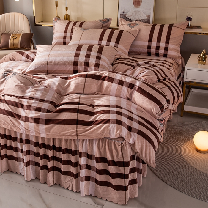 91家纺网 家纺一手货源 找家纺 纽缦 2020新款绒单层床裙四件套 花格子